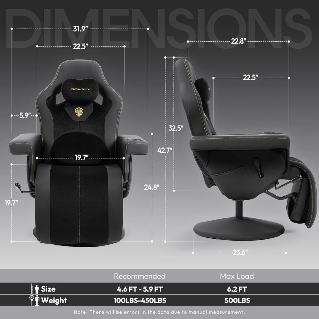 Dowinx Racing Style Gaming Recliner Chair with Massage Lumbar, Footrest, Cup Holder, Side Pouch, High Back Ergonomic Video Game Chair Reclining No Wheels Heavy Duty, Black Yellow FabricLeather