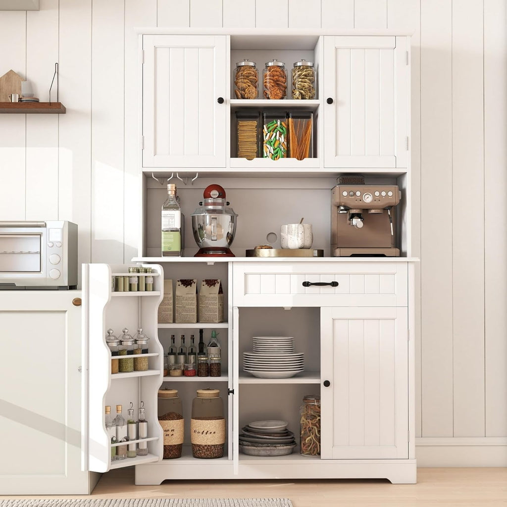 Gizoon 67 in Kitchen Storage Cabinet with Door and Shelves, Kitchen Pantry Cabinet Tall Coffee Bar Hutch with Storage for Dining Room, Painted White