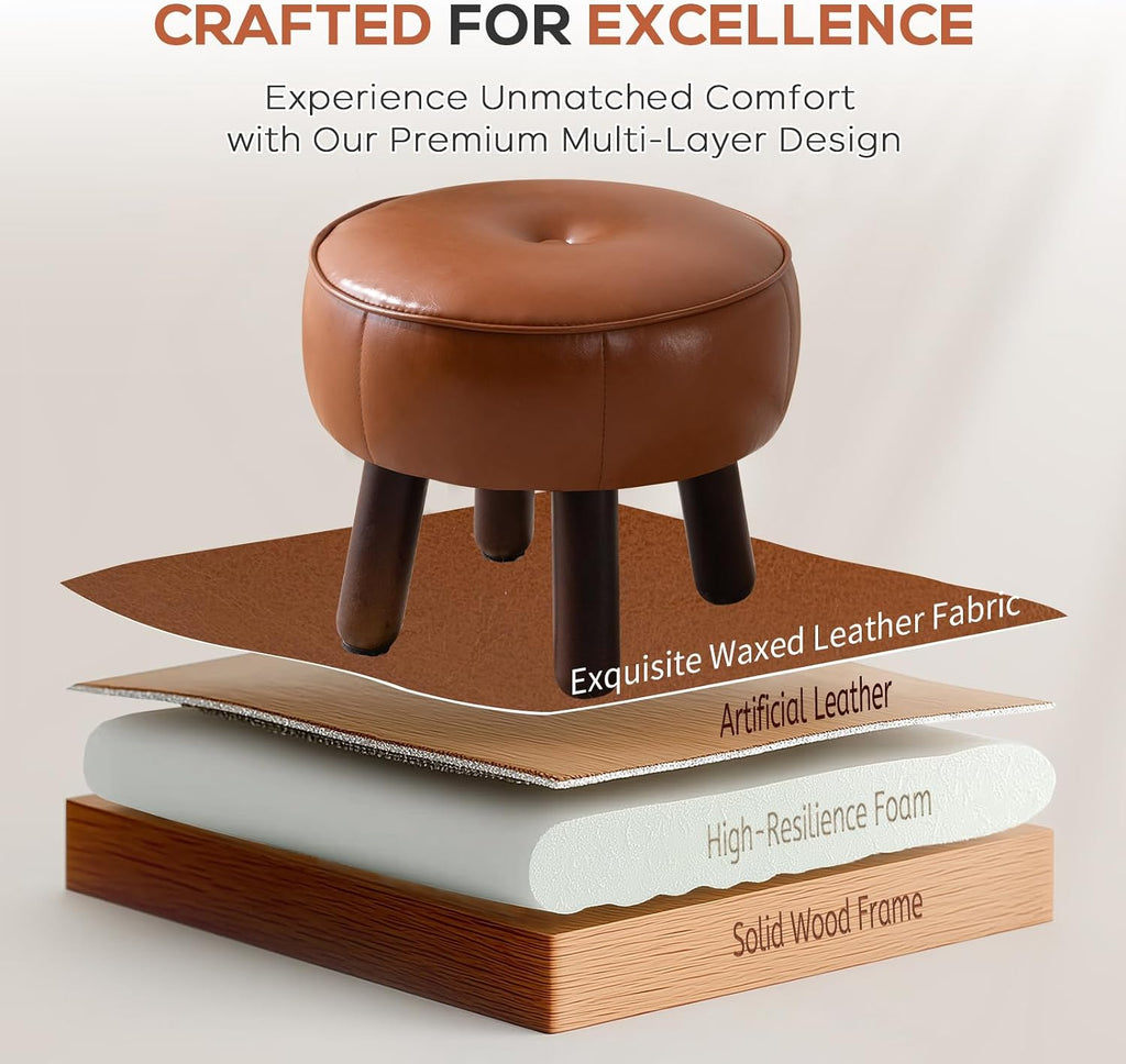 oakvivo Small Foot Stool, Round Faux Leather Pouf Ottoman Foot Rest, Footstool Ottomans with Rubber Legs Under Desk, 13''L x 13''W x 10.2''H, Footrest for Couch, Living Room, Bedroom, Hallway, Brown