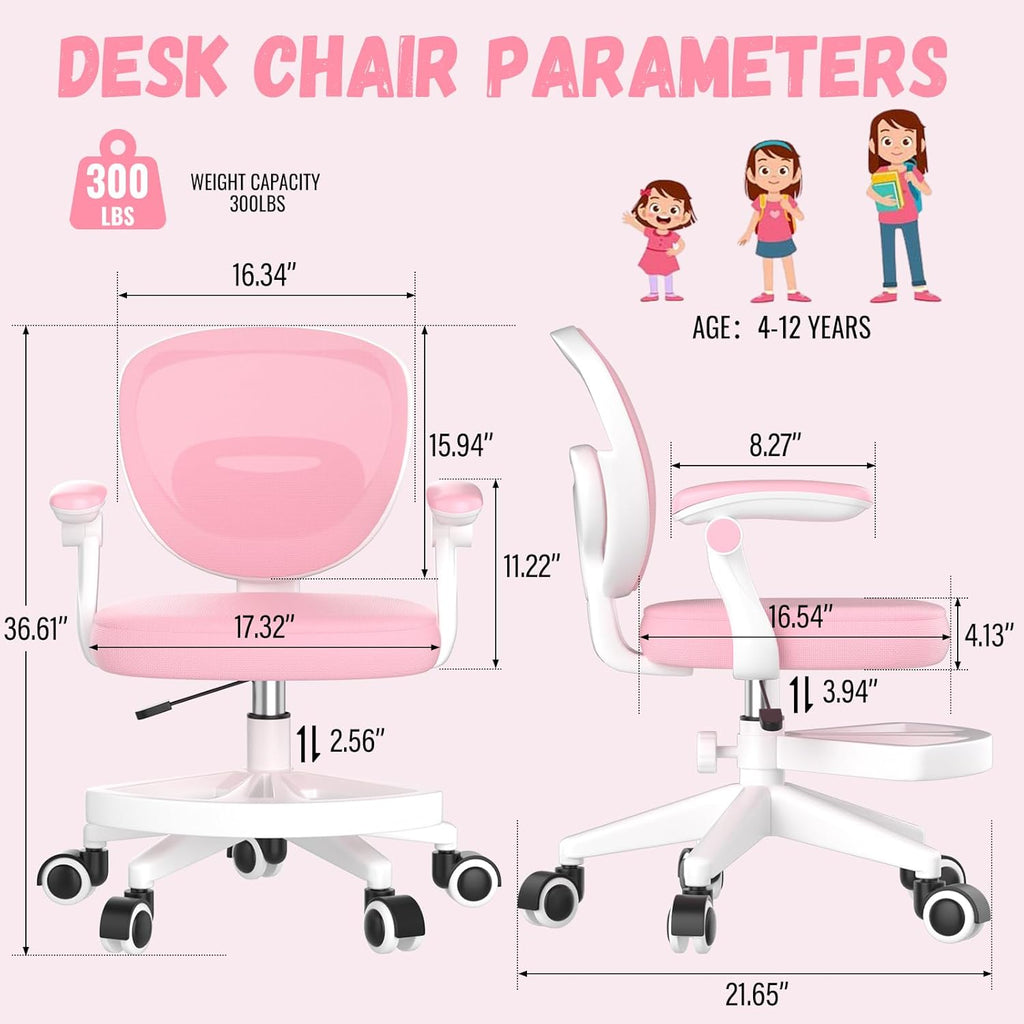 Adjustable Kids Desk Chair, Ergonomic Children Study Computer Chair with Footrest & Flip-up Armrest, Mesh Student Teen Task Chair with Wheels, Kids Office Chair for Boys Girls (Pink-White)