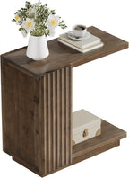 Solid Wood Side Table, C Shaped Narrow Sofa End Table with Fluted Panels and Storage Shelf, Space-Saving Small Nightstand for Small Spaces, Living Room, Bedroom, Vintage Brown
