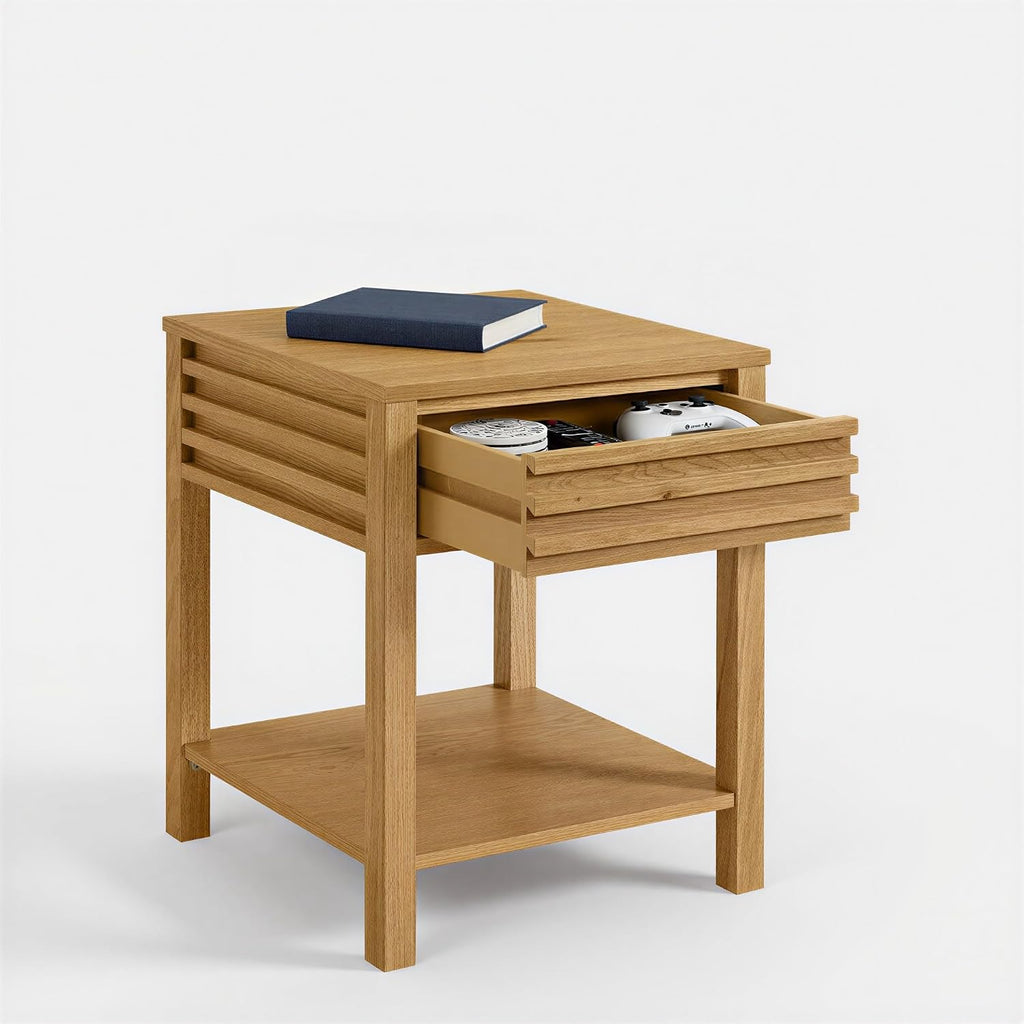 Martin Svensson Home Julian Genuine Oak Wood End Table, 20 Inch Square, Mid Century Modern Side Table with Drawer and Lower Shelf for Living Room, Light Oak Natural