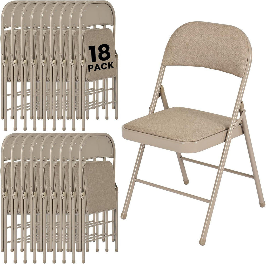18 Pack Folding Chairs, Fabric Dining Chair Set with Padded Cushion and Back, Indoor Outdoor Seat for Home Office, Parties, Events, Wedding, Extra Guest Seating, Desert Khaki