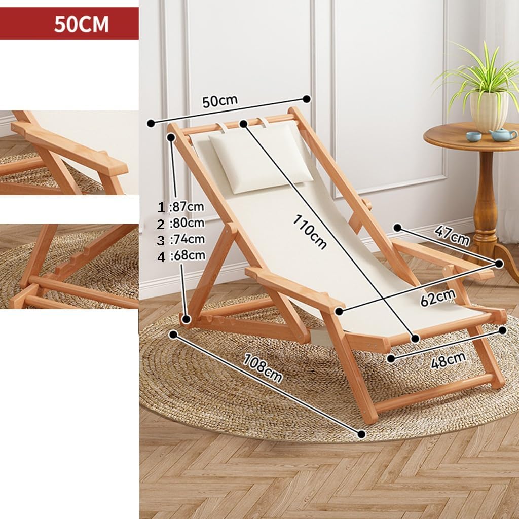 Wood Portable Reclining Beach Chair, 4 Level Height Adjustable Reclining Chairs with Wood Frames and Cushioned Headrest, for Indoor Outdoor Garden, Backyard, Poolside