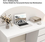 furtble White Desk with Drawers, 43'' W Home Office Computer Desk Gaming Table, Modern Vanity Desk with Storage, Wood Writing Workstation for Bedroom, Living Room, White