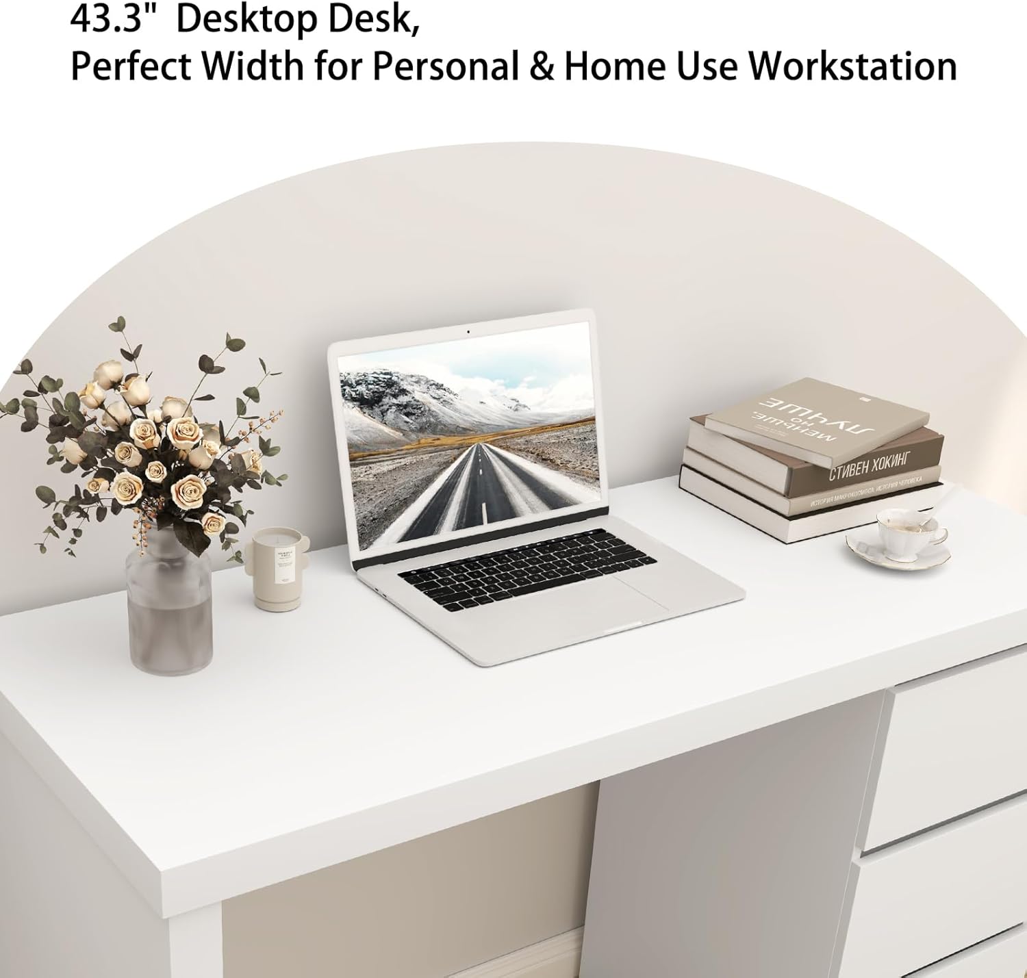 furtble White Desk with Drawers, 43'' W Home Office Computer Desk Gaming Table, Modern Vanity Desk with Storage, Wood Writing Workstation for Bedroom, Living Room, White