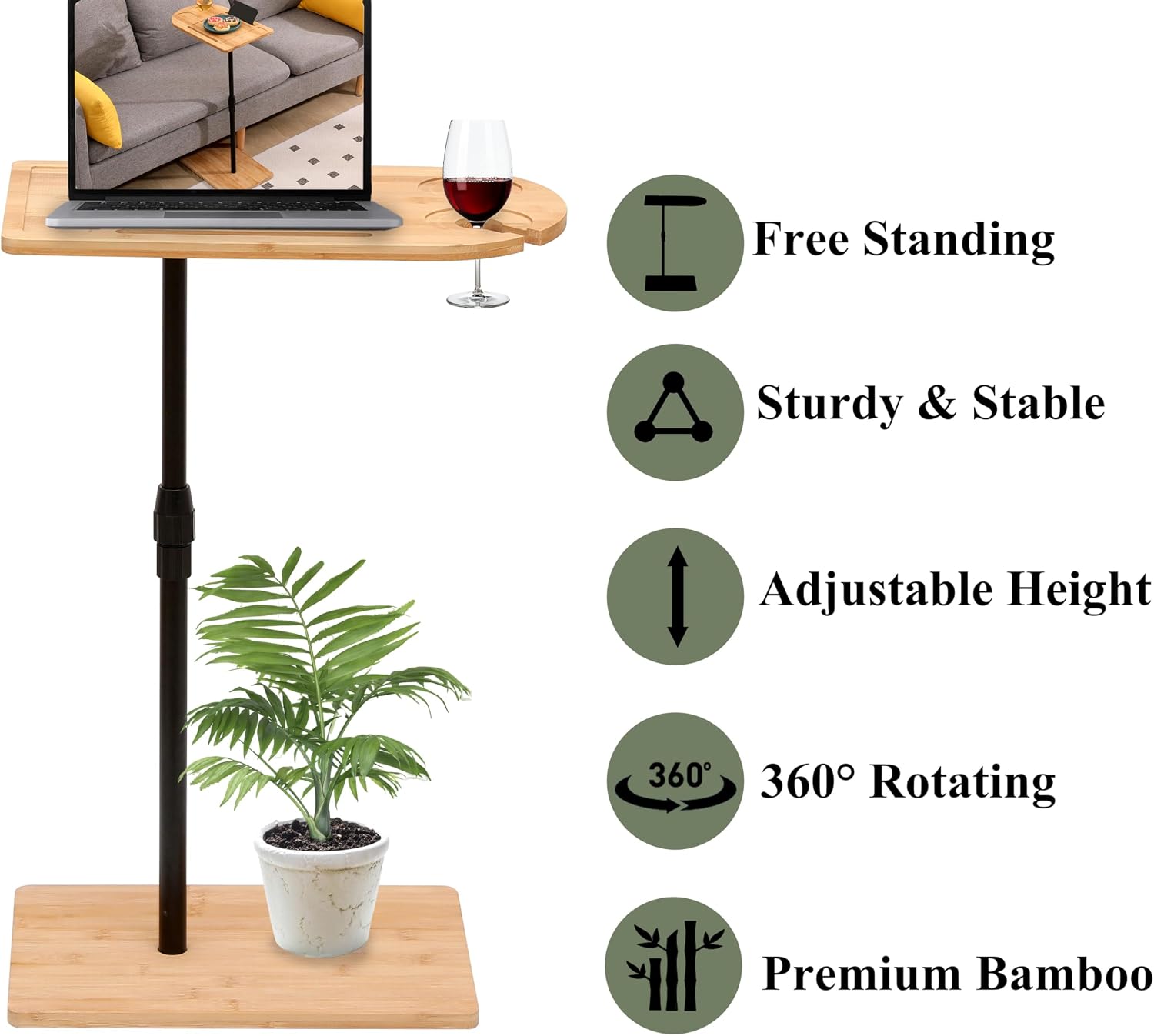 TV Tray Table C-Shaped Sofa Side Table with Slots, Adjustable Height & 360-degree Rotatabl, for Living Room Bedroom