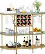 O&K FURNITURE Home Bar Table with Wine Racks, 3 Tier Wine Bar Table with Glass Holders, Wine Cabinet with Open Shelf, Liquor Bar Coffee Bar Table for Living Room Kitchen, Gold