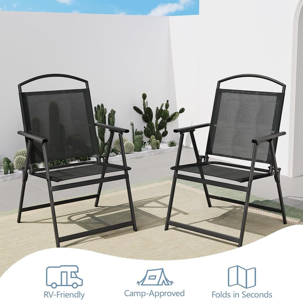 SWITTE Folding Patio Chairs Set of 2, Outdoor Dining Chairs with Armrests, Breathable Textilene & Steel Frame for Lawn, Garden, Yard or Poolside - Black