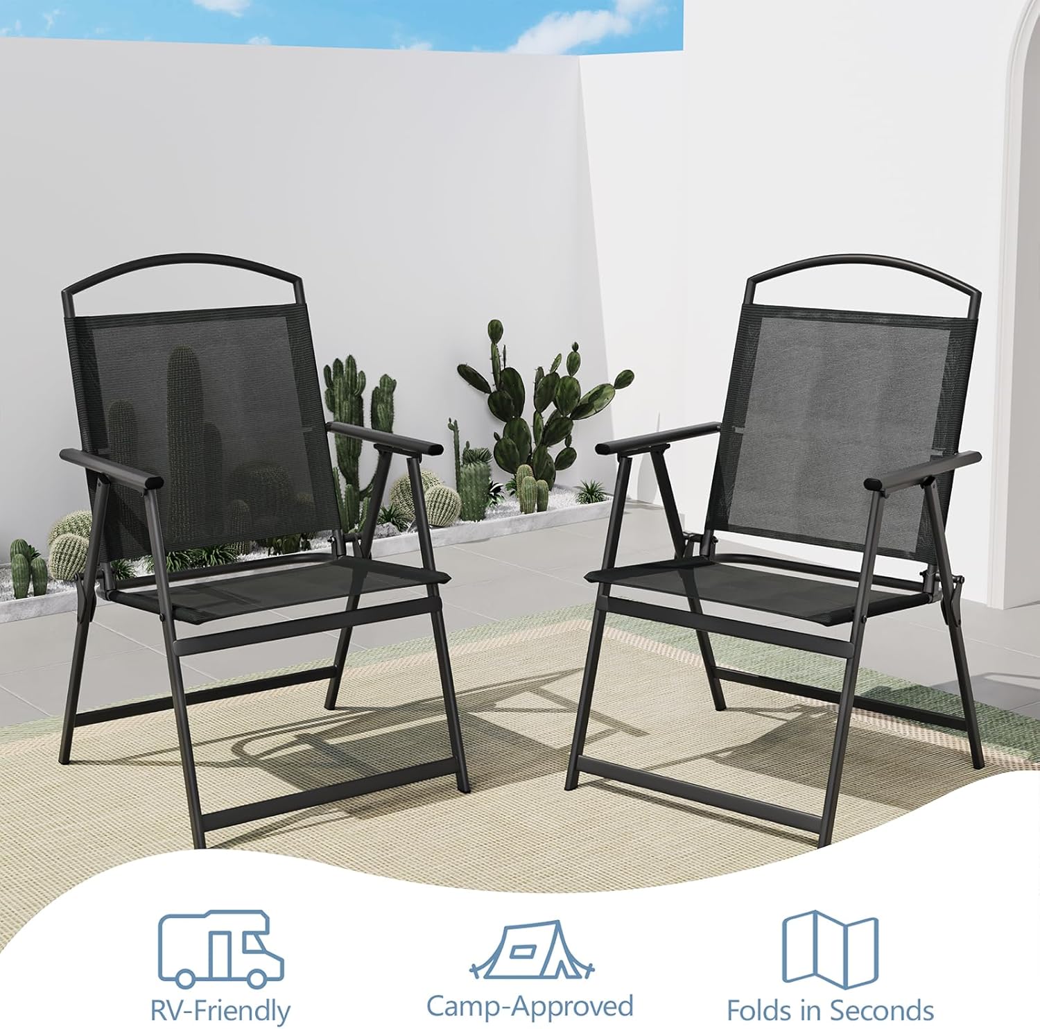 SWITTE Folding Patio Chairs Set of 2, Outdoor Dining Chairs with Armrests, Breathable Textilene & Steel Frame for Lawn, Garden, Yard or Poolside - Black