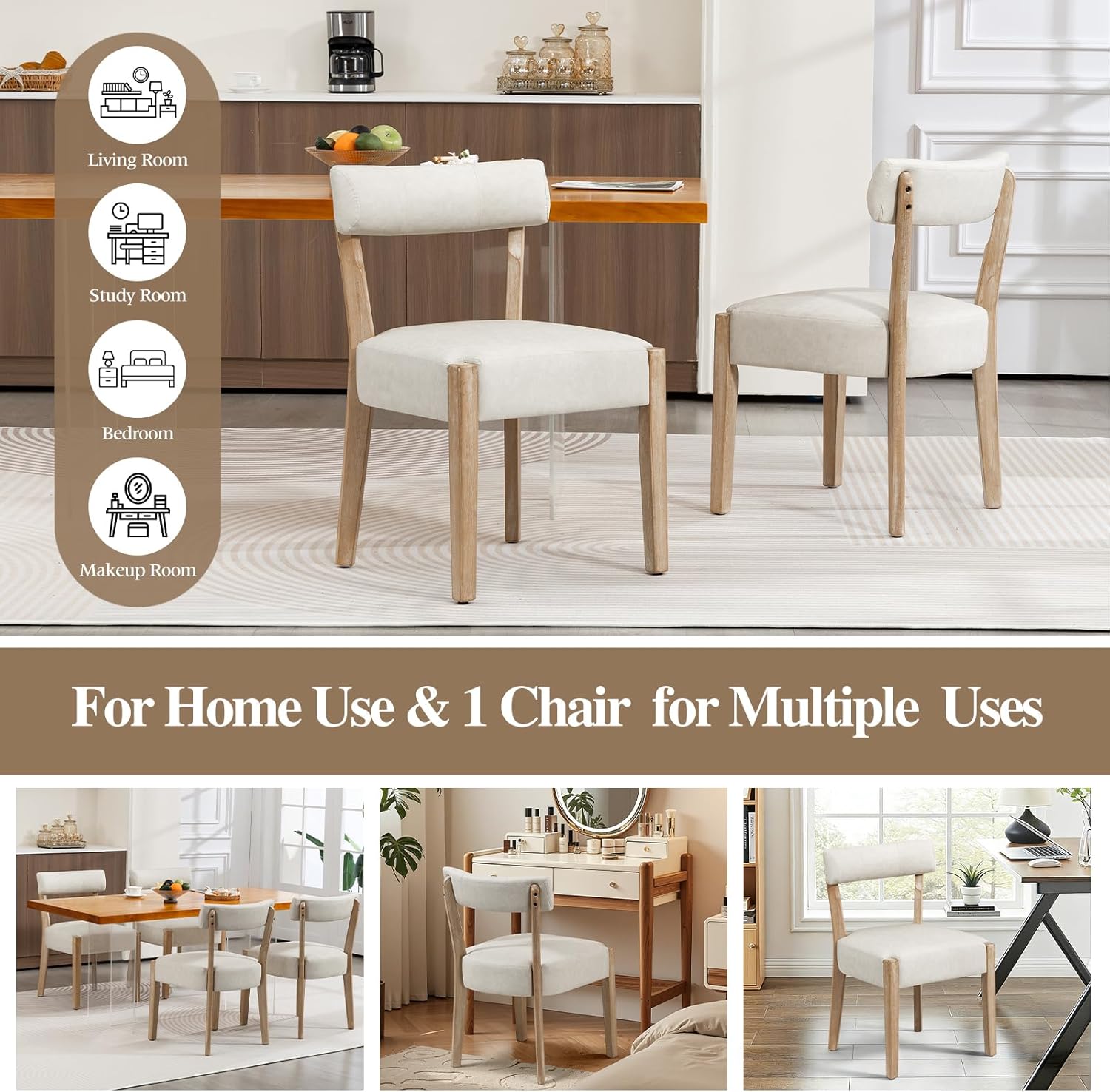 ZJhome Modern Dining Chairs Set of 4 – Mid-Century Modern Faux Leather Upholstered Kitchen & Dining Room Chairs with Curved Back, Oversized Rounded Seat, Sturdy Wood Frame, Beige