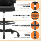 Synorla Ergonomic Drafting Chair, Tall Office Chair with Flip-up Armrests, Breathable Mesh High Desk Chair with Lumbar Support Adjustable Footrest Ring for Standing Desk Black