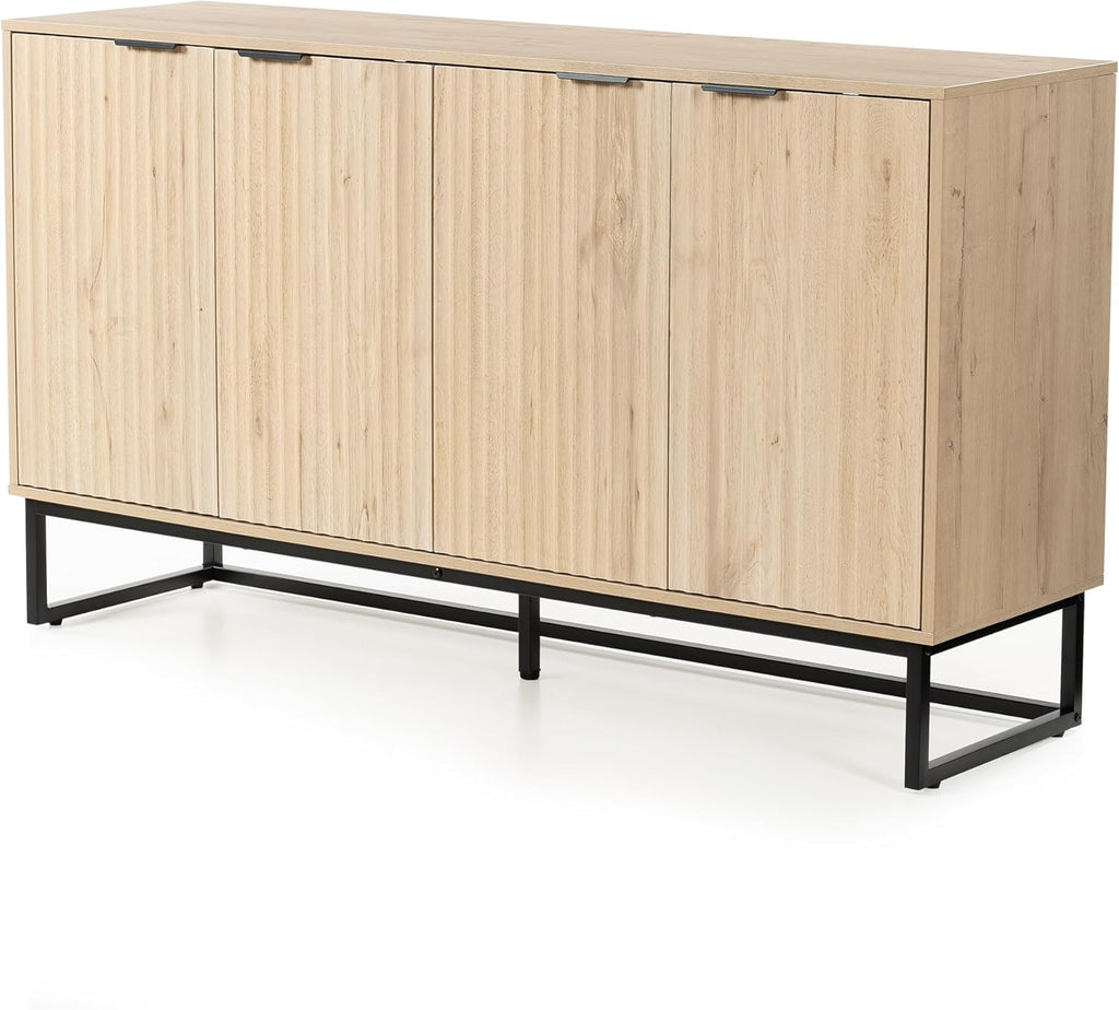 EYYTHUNG Storage Cabinet with 4 Doors, Fluted Sideboard Buffet Accent Cabinets with Adjustable Shelves, Boho Console Table Bar Storage Credenza for Living Room Dining Room Light Oak