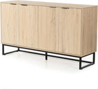 EYYTHUNG Storage Cabinet with 4 Doors, Fluted Sideboard Buffet Accent Cabinets with Adjustable Shelves, Boho Console Table Bar Storage Credenza for Living Room Dining Room Light Oak
