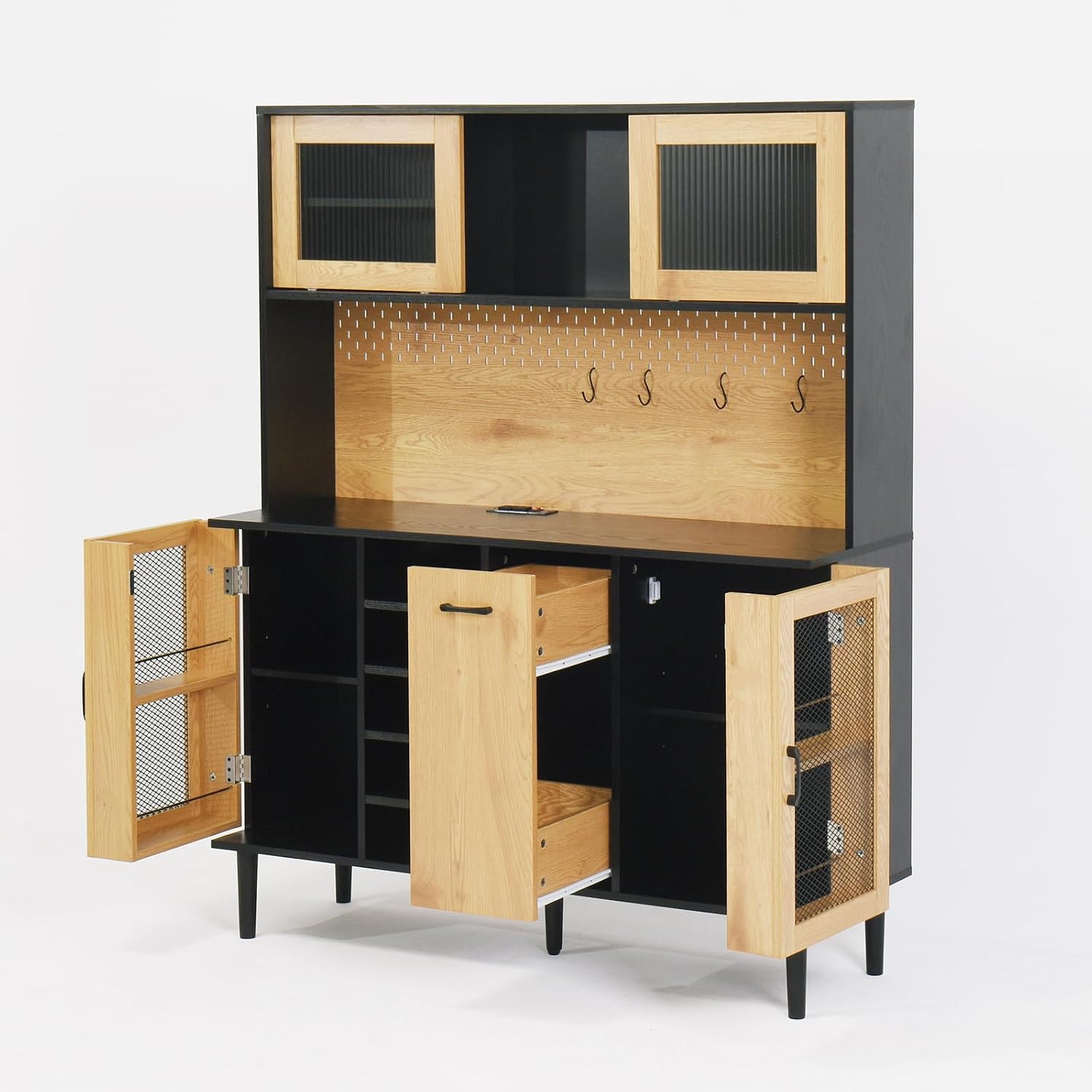 59" Freestanding Kitchen Sideboard, Buffet Sideboard with Wine Rack, Storage Doors and Electrical Outlets for Kitchen, Dining and Living Room, Black