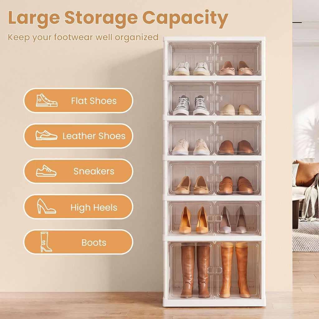 Giantex 6-Tier Foldable Shoe Rack Organizer, 12 Pairs Plastic Shoe Storage Box w/Magnetic Door, Space-Saving Collapsible Shoe Shelf for Entryway Living Room Cloakroom Closet, Easy Assembly