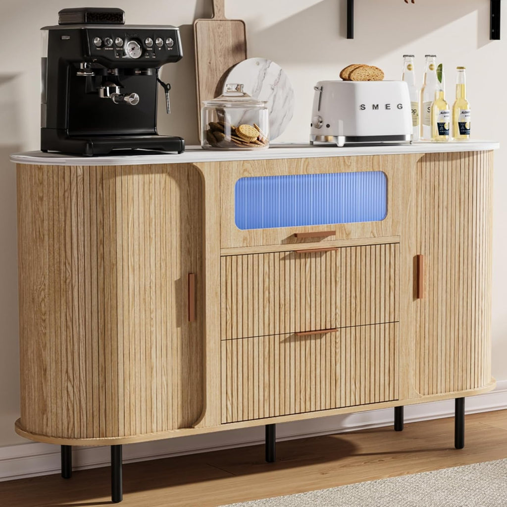 54" Fluted Sideboard Buffet Cabinet with Storage, Mid Century Coffee Bar with LED Light & Slide Doors, 2 Drawers, Modern Storage Cabinet for Kitchen, Living Room, Faux White Marble Top, Oak
