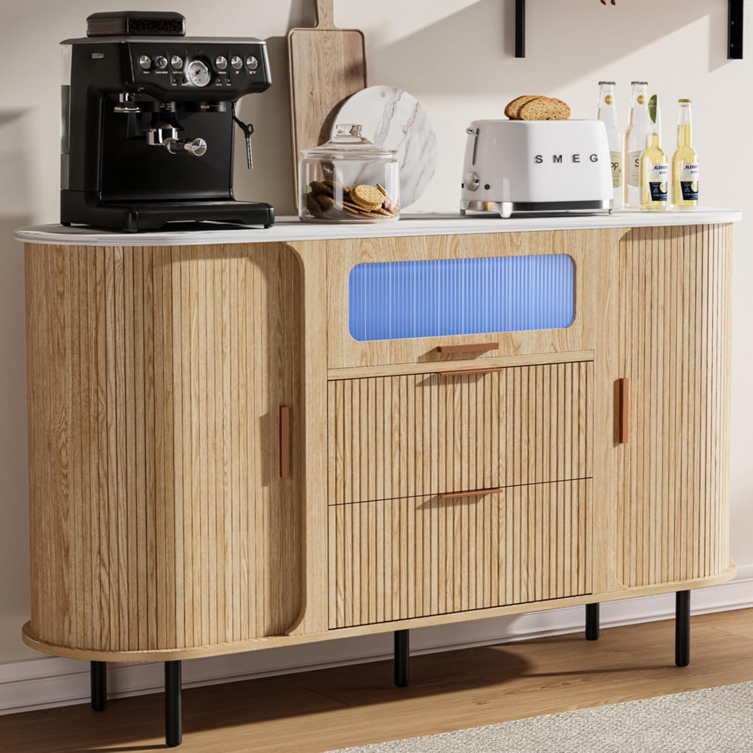 54" Fluted Sideboard Buffet Cabinet with Storage, Mid Century Coffee Bar with LED Light & Slide Doors, 2 Drawers, Modern Storage Cabinet for Kitchen, Living Room, Faux White Marble Top, Oak