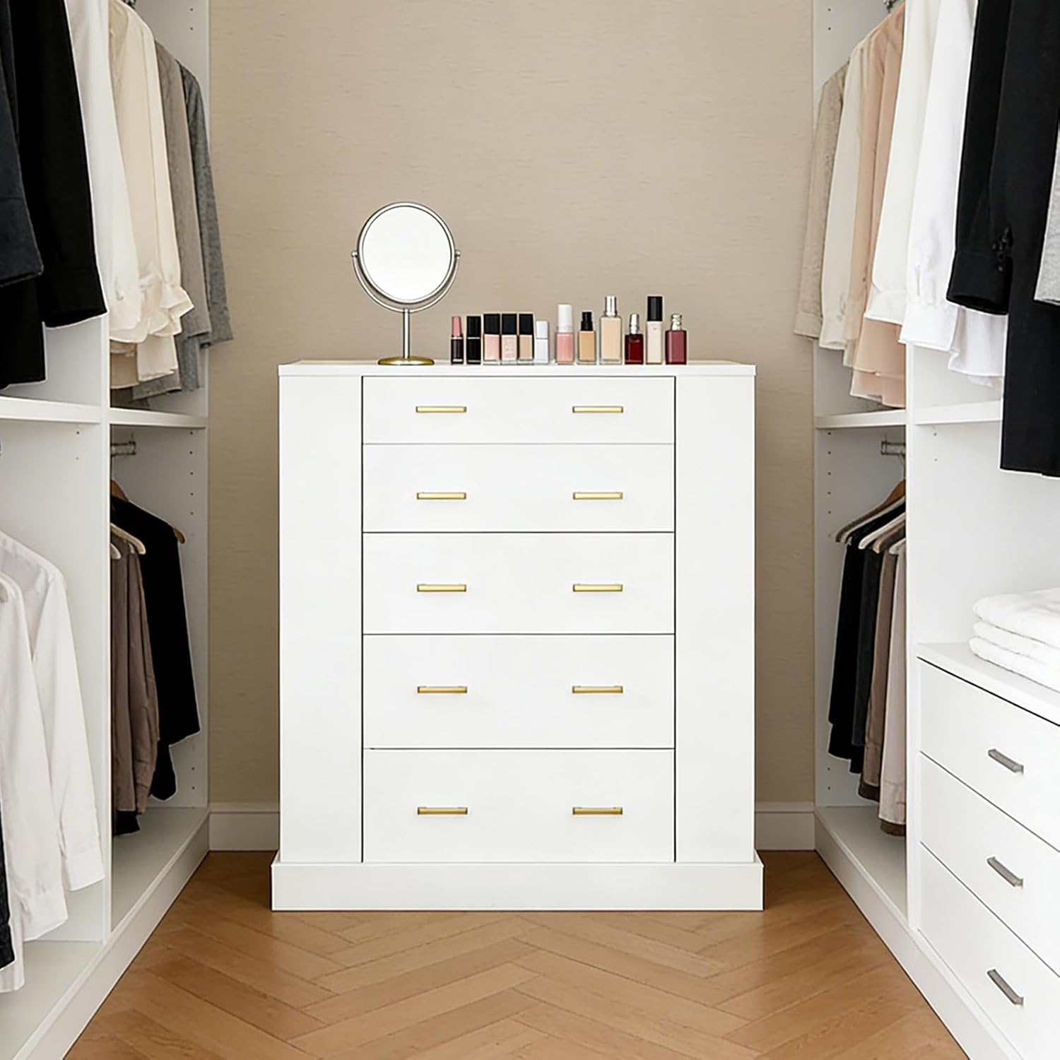 Closet Island with Glass Top, LED Lights and Jewelry Display, Bedroom Island with Open Shelves, Drawers Dresser & Walk-in Closet Island for Bedroom, Cloakroom, White 2