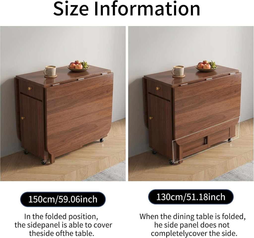Folding Drop Leaf Dining Room Table 4-6 Seater with Storage and Lockable Wheels, 51" Fully Assembled Solid Wood Space-Saving Foldable Kitchen Table (Walnut)