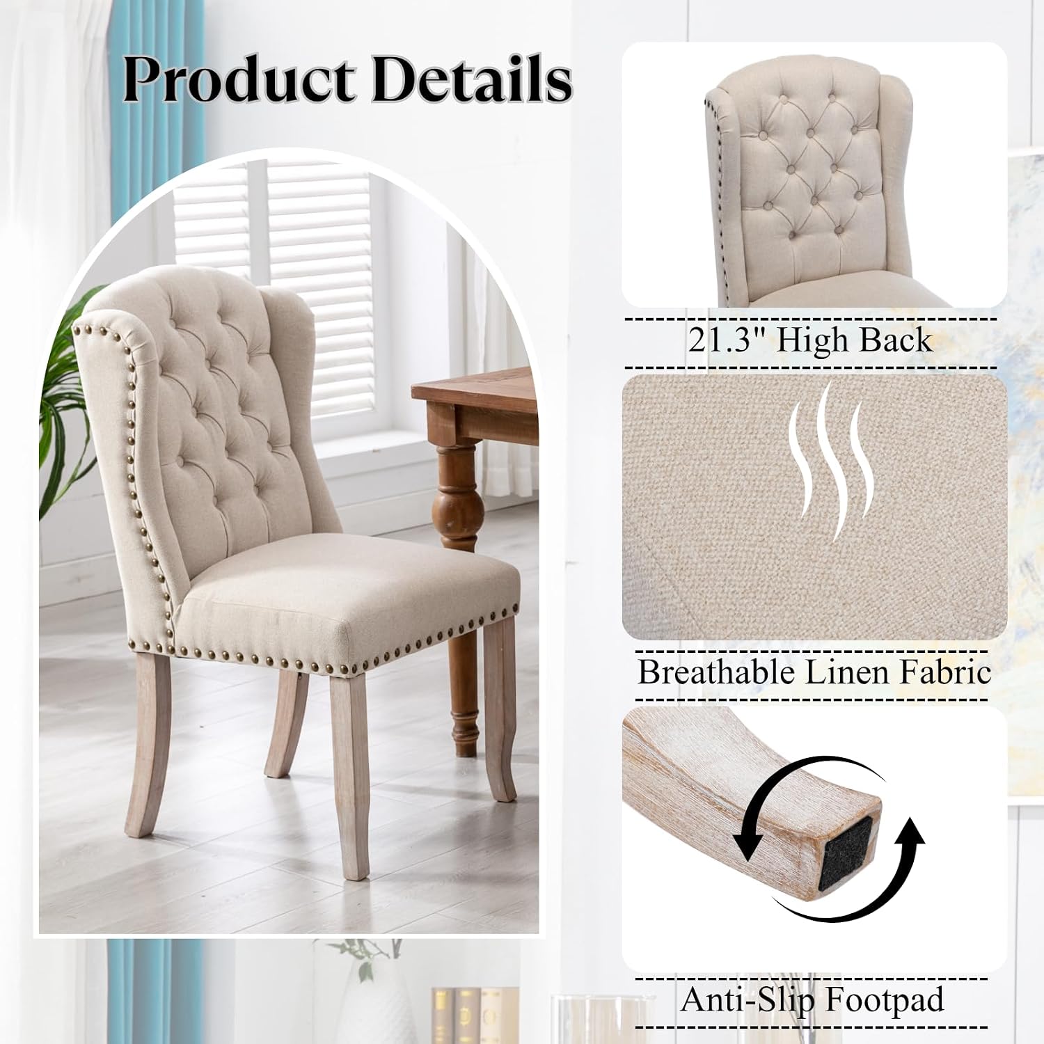 Ya-Home Modern Tufted Dining Chairs Set of 8, Upholstered Kitchen Side Accent Chairs with Wingback Nail Trims Wood Legs, Farmhouse Guest Chairs for Dining/Living Room, Linen Beige
