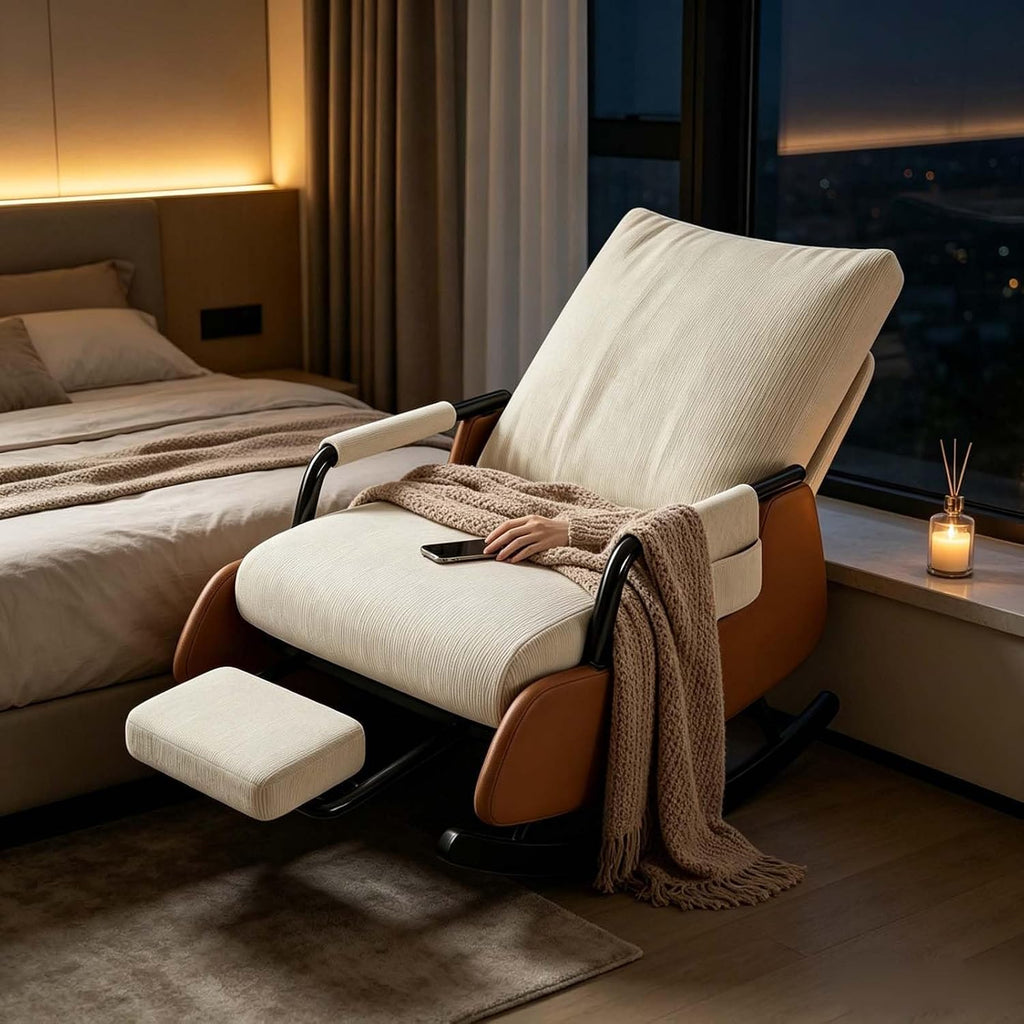 Portable Folding Rocking Lounge Chair with Detachable Footrest | Breathable Corduroy Single Relax Chair with Side Pocket for Home Rest