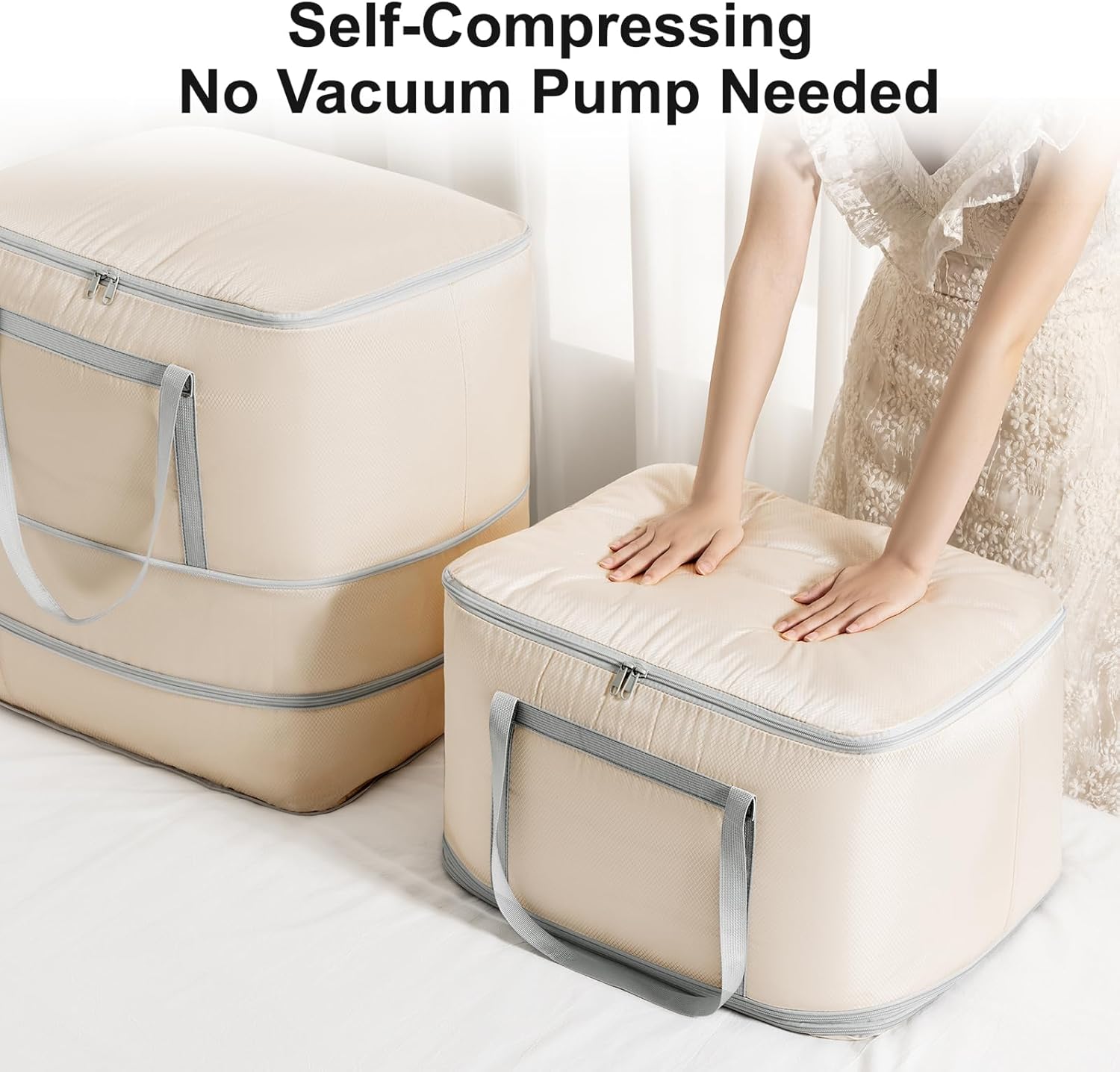 Comforter Storage Bag - 120L Bedding Storage Bags for Closet and Moving, Washable Blanket Storage Bag, Ultra Space Saving Self Compression Organizer, 2-Pack, Beige