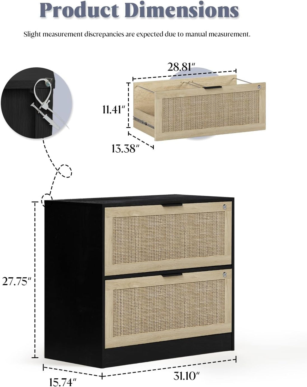 YIGOBUY 27" Boho Rattan Nightstand, 2 Lockable Drawers with Reinforced Lever & Adjustable File Rod, Wooden Storage Bedside End Table for Bedroom Living Room,Black