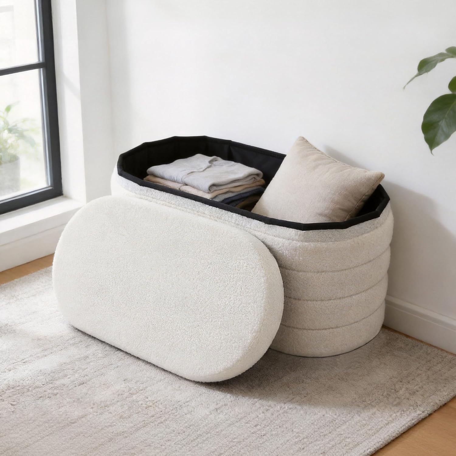 GLAXYFUR Storage Ottoman Bench, 30 Inch Upholstered Entryway Shoe Seat, Blanket Chest for Living Room, Hallway, Sherpa White