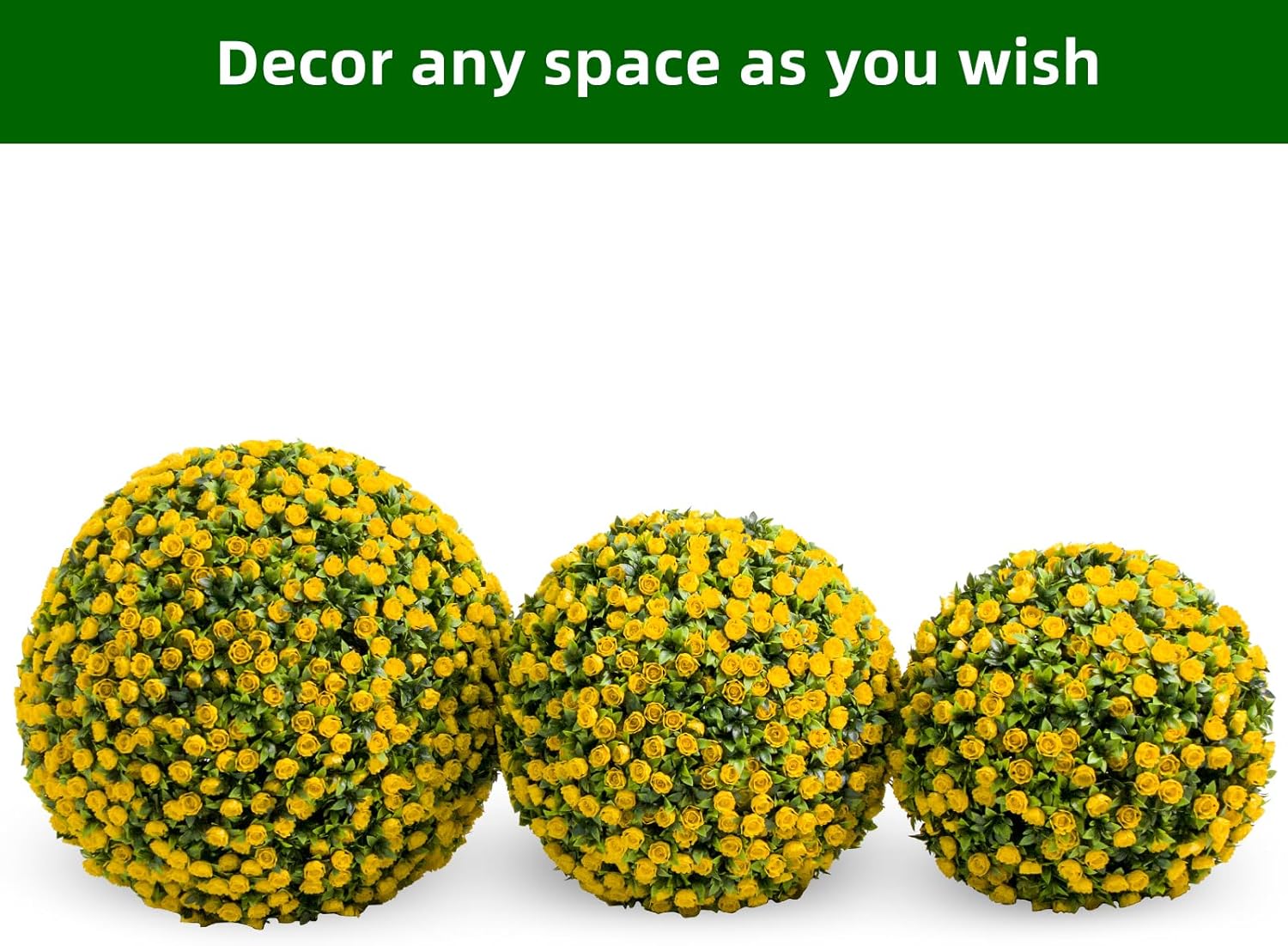 22 Inch Yellow Faux Rose Flower Spheres, 2 Pack Artificial Rose Topiary Balls with Hanging Chains and Zip Ties, Weatherproof Fake Floral Ornaments for Porch Patio Garden Indoor Wedding Decoration