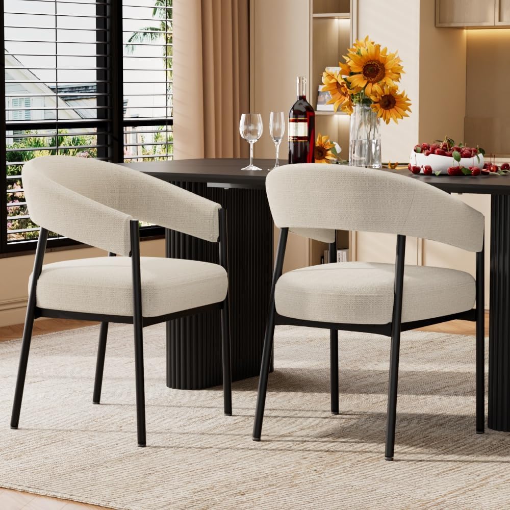 yeag Modern Dining Chairs Set of 2, Upholstered Barrel Dining Room Chairs with Curved Back, Farmhouse Accent Arm Kitchen Side Chairs with Metal Legs for Kitchen, Home, Apartment (Off White)