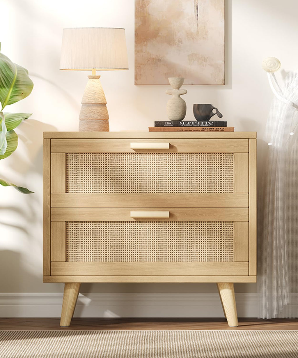 Keehusux 23.6" W Rattan Nightstand with Charging Station and 2 Drawers | Large Bedside Table, Wooden End Table with Solid Wood Legs, Boho Night Stand for Bedroom, Natural Oak KES009MECTG