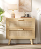 Keehusux 23.6" W Rattan Nightstand with Charging Station and 2 Drawers | Large Bedside Table, Wooden End Table with Solid Wood Legs, Boho Night Stand for Bedroom, Natural Oak KES009MECTG