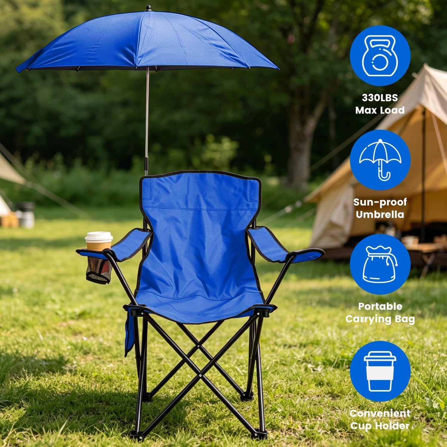Folding Camping Chair with Detachable 8-Rib Sun Umbrella, 42 Inch Canopy Aluminum Alloy Portable Lawn Chair, Supports 330 lbs, Cup Holder, for Beach Camping Travel