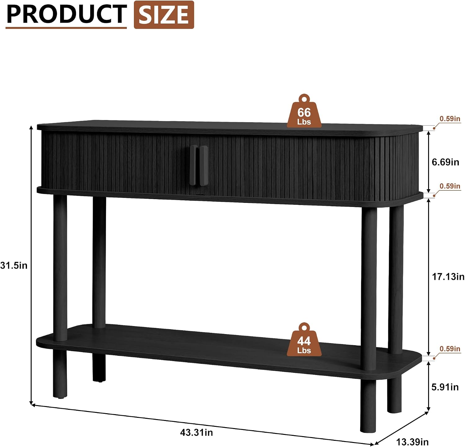 RARZOE Console Table with Storage, Fluted Entryway Table with Sliding Door&Open Shelf, Sofa Table Behind Couch, Mid-Century Modern Accent Table for Hallway, Entrance, Foyer, Fully Assembled(Black)