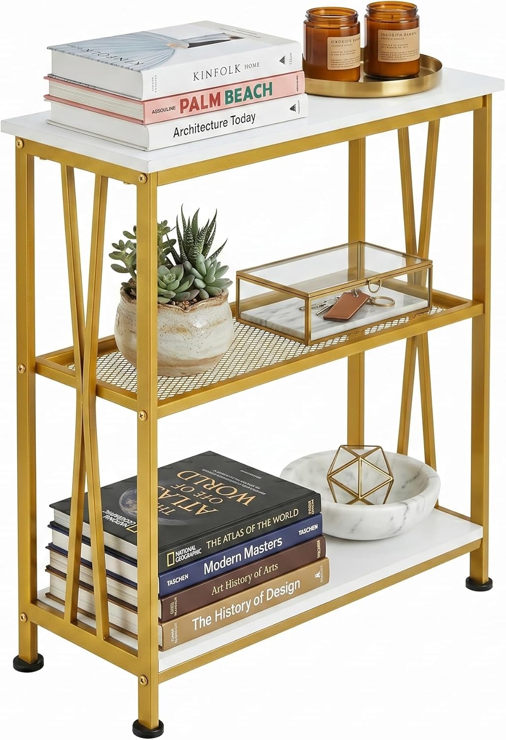 Narrow Side Table, End Table with 3 Tier Storage Shelves, Industrial Rustic Accent Skiny End Tables for Small Spaces, Slim Couch Beside Table, Small Hallway Table for Living Room (White+Gold)