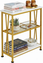 Narrow Side Table, End Table with 3 Tier Storage Shelves, Industrial Rustic Accent Skiny End Tables for Small Spaces, Slim Couch Beside Table, Small Hallway Table for Living Room (White+Gold)