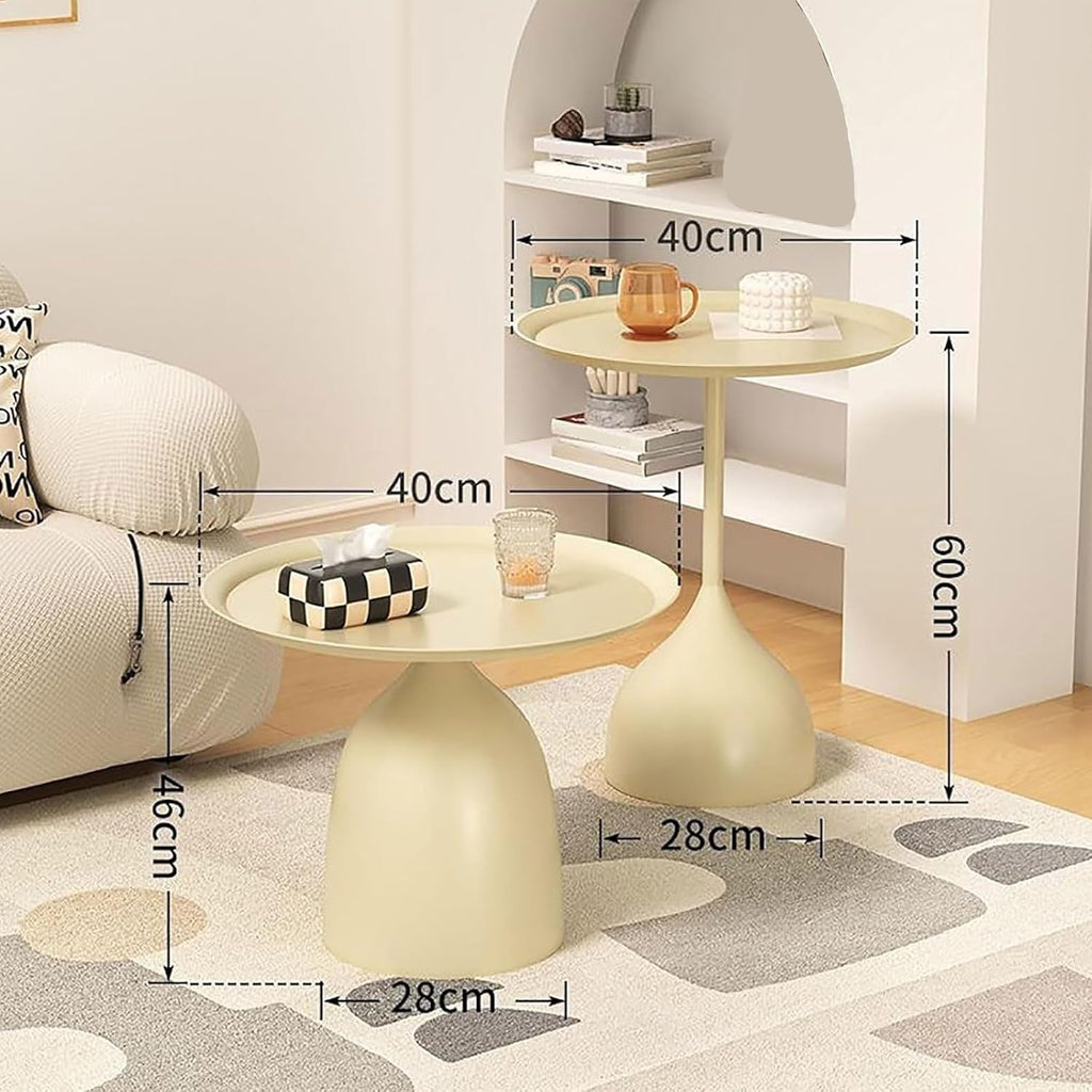 Round Nesting Coffee and End Table Set of 2 Lightweight Metal Nightstands Vintage Industrial Design for Living Room Home Furnishing(White)