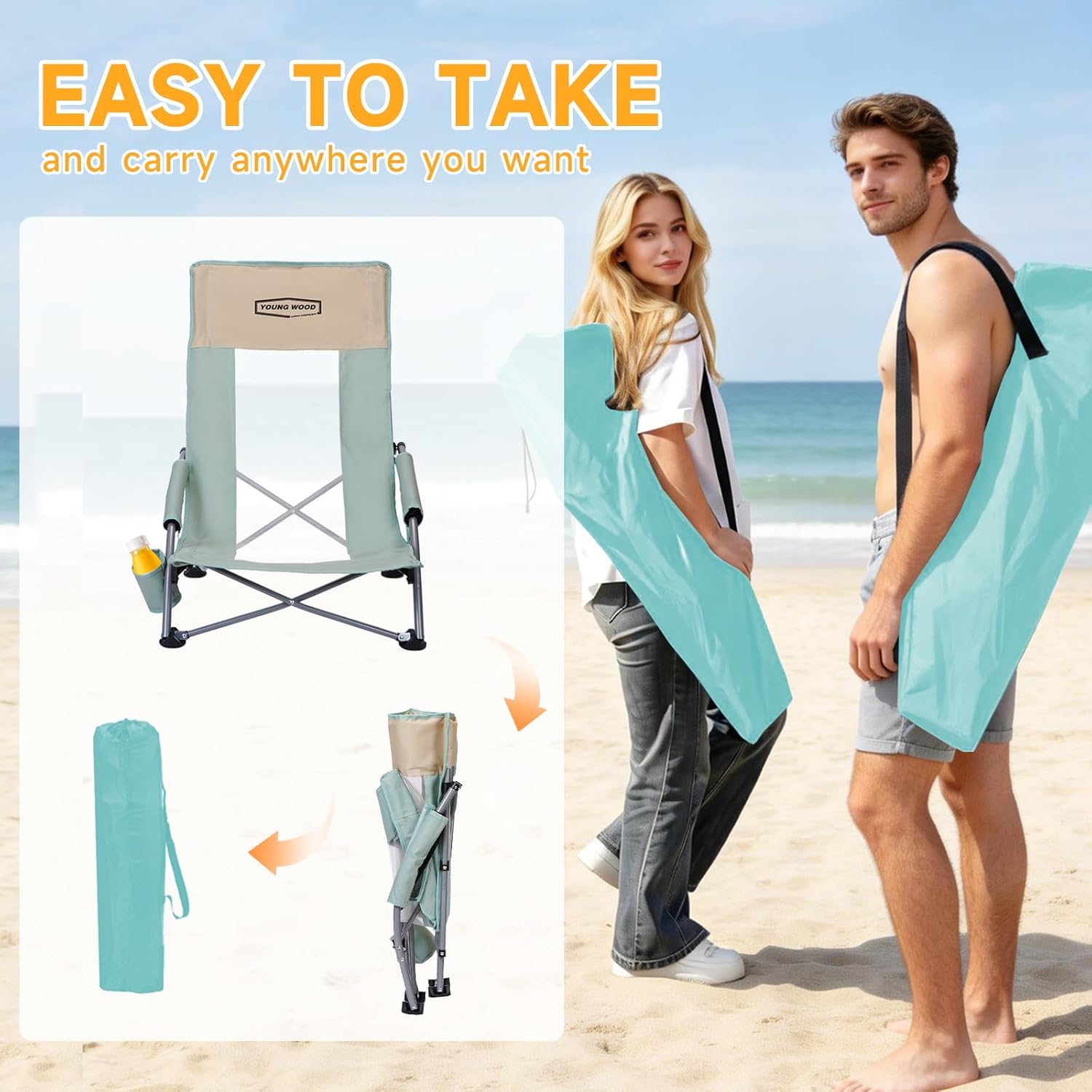 YOUNG WOOD High Beach Chair, Camping Chair, High Back Extra Wide Seat Chair with Comfortable Pillow & Storage Pocketsuitable for Adults, Children and Pets,Load Capacity 350lb,Blue,1p