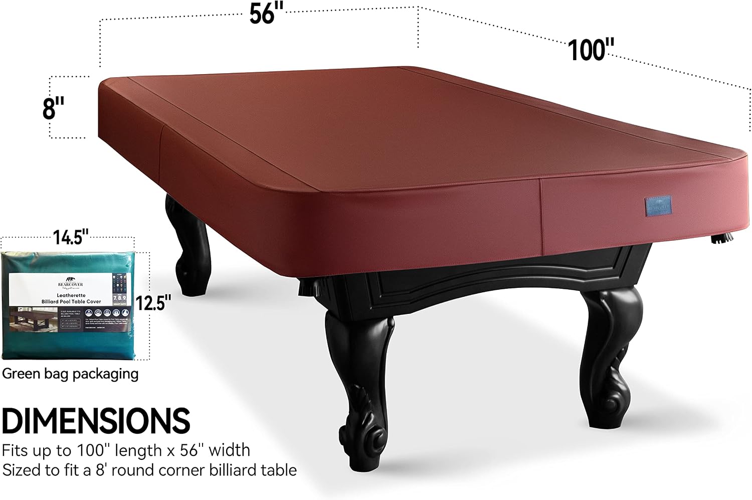 Heavy Duty Leatherette Billiard Pool Table Cover, Waterproof & Tearproof Cover for Pool Table 7/8/9FT (10 Colors Available) (8 Feet/Bordeaux red)