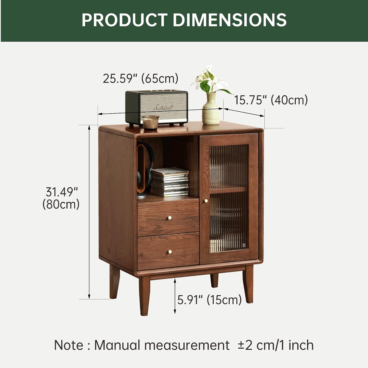 Mid-Century Modern Solid Wood Accent Cabinet 25.6" W x 15.7" D x 31.5" H – Buffet Sideboard with Glass Door & 2 Drawers, Easy Assembly, Walnut/Natural