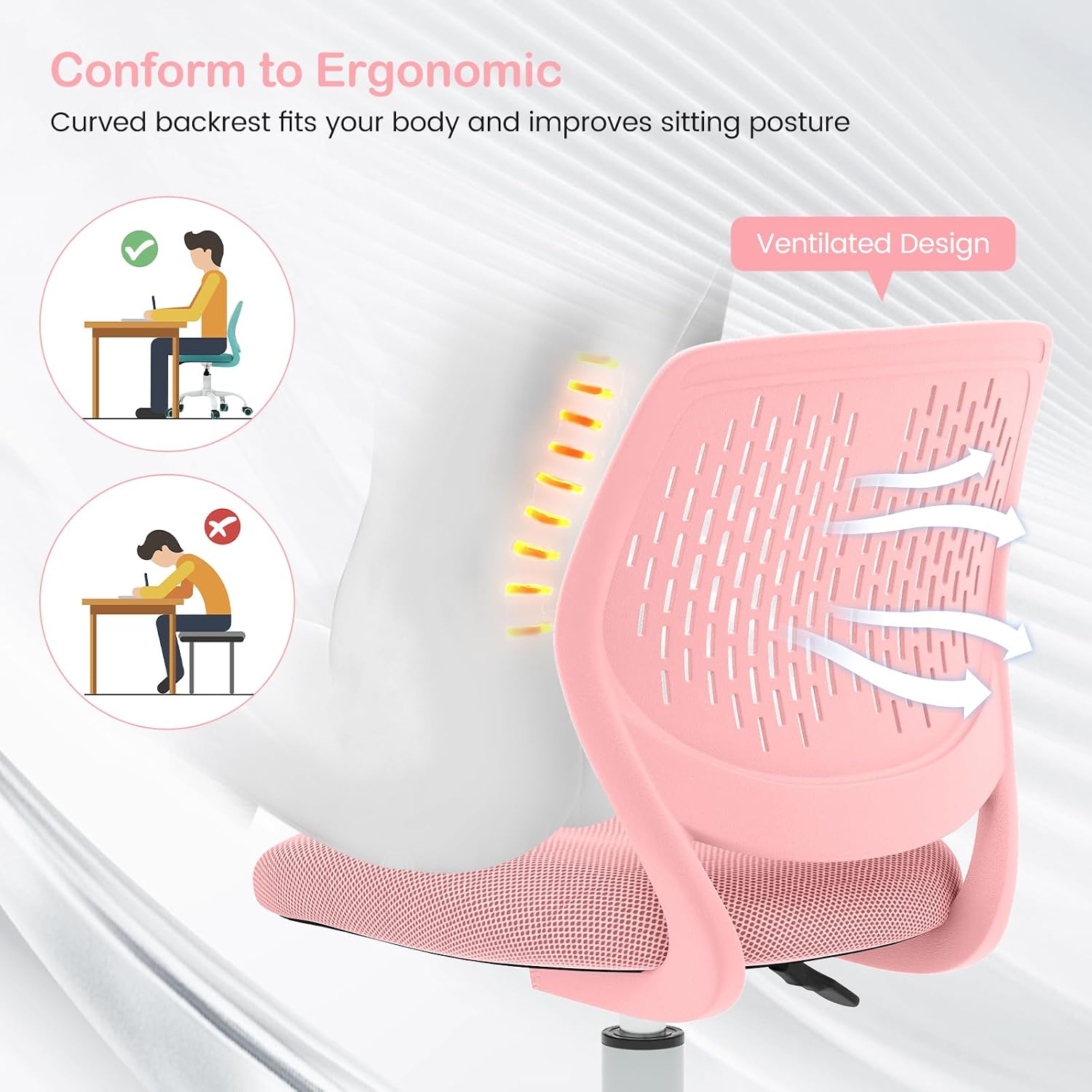 Giantex Kids Desk Chair, Adjustable Children Study Chair, Swivel Armless Mesh Task Office Chair, Computer Desk Chair with Adjustable Height & Lumbar Support, Pink