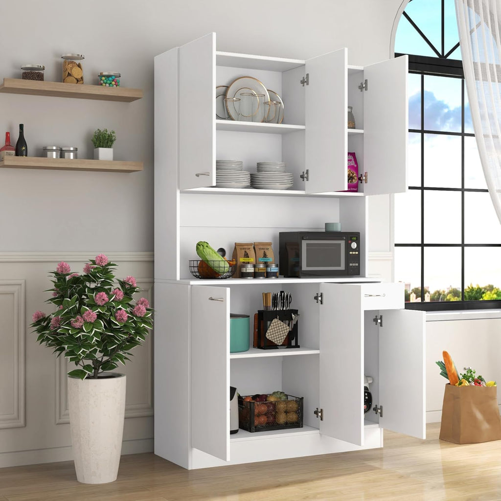 71" Kitchen Pantry Cabinet with Drawer, Farmhouse Tall Storage Cabinet with 6 Doors and Shelves, Rustic Freestanding Cupboard with Storage Rack for Kitchen, Dining Room (White)