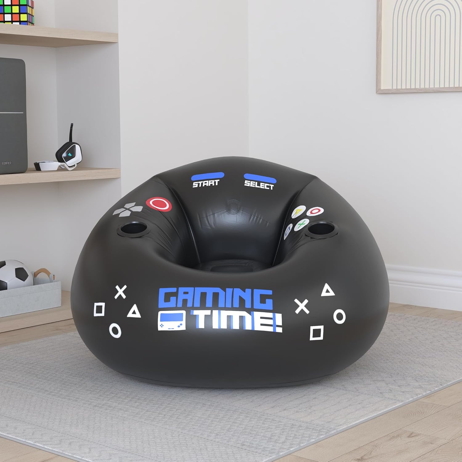 Inflatable Gaming Chair for Kids & Teens with Cup Holders and Side Pocket - This Air Gaming Bean Bag Chairs for kids is The Perfect Furniture for Gamer Room Decor - Perfect Gaming Stuff for boys 4-12
