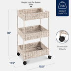 Best Choice Products 3-Tier Water Hyacinth Rolling Nursery Caddy w/Wheels, Utility Cart, Storage Organization for Bathroom, Craft Room, Laundry Room - Whitewash