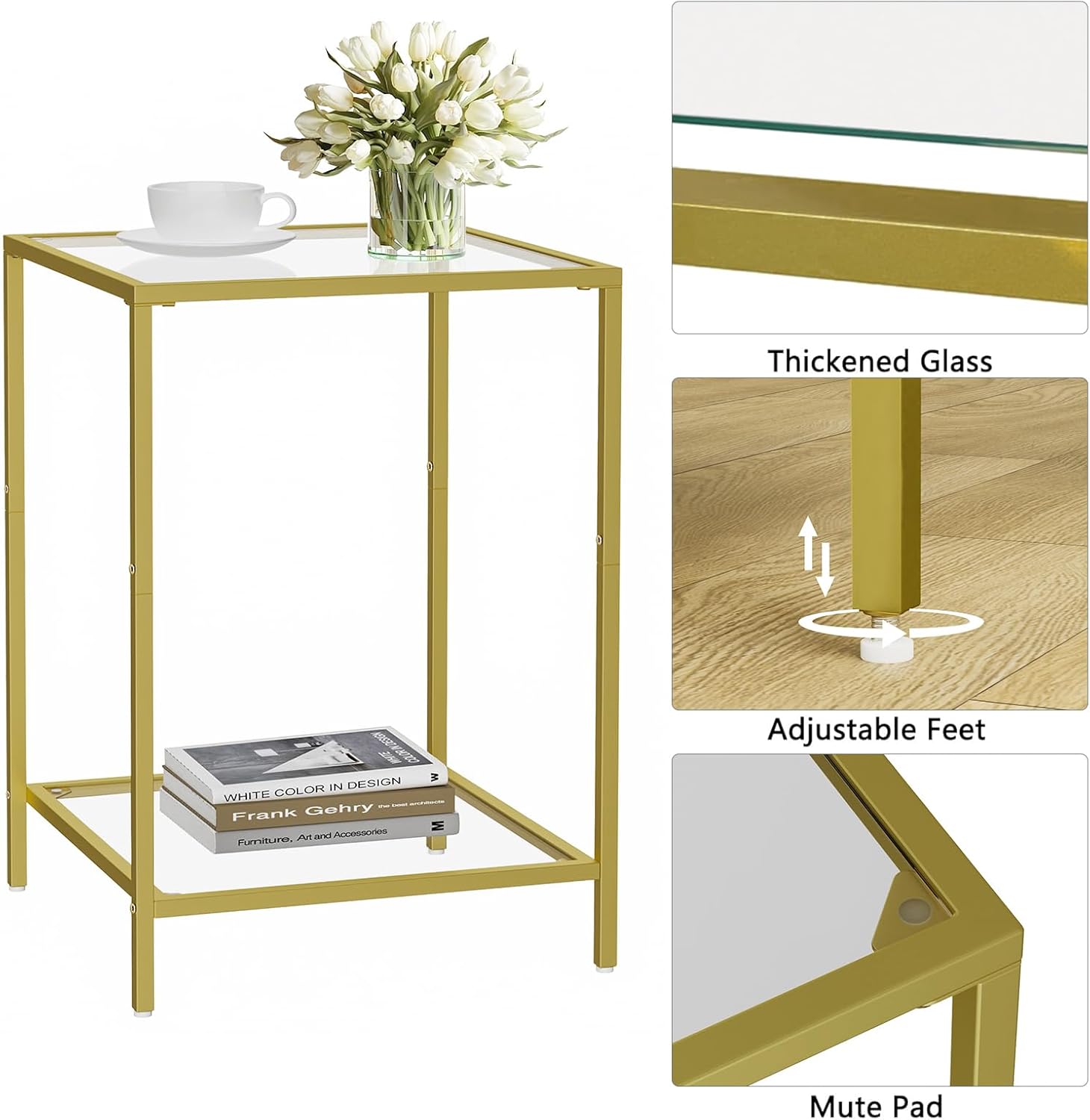 3-Piece Living Room Table Set, Glass Coffee Table with 2 Side Tables, Modern Rectangular Center Table & Square End Tables with Storage Shelves, Golden Metal Frame, Easy Assembly
