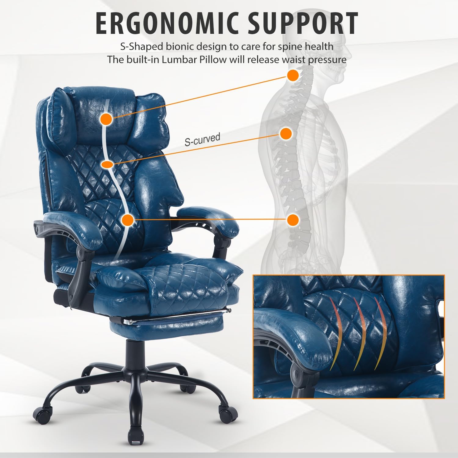 Big Tall Reclining Office Chair with Footrest, 400lbs Ergonomic Recliner Office Desk Chairs with Lumbar Support, Heavy Duty High Back Vintage Leather Executive Computer Chair with Wheels, Blue