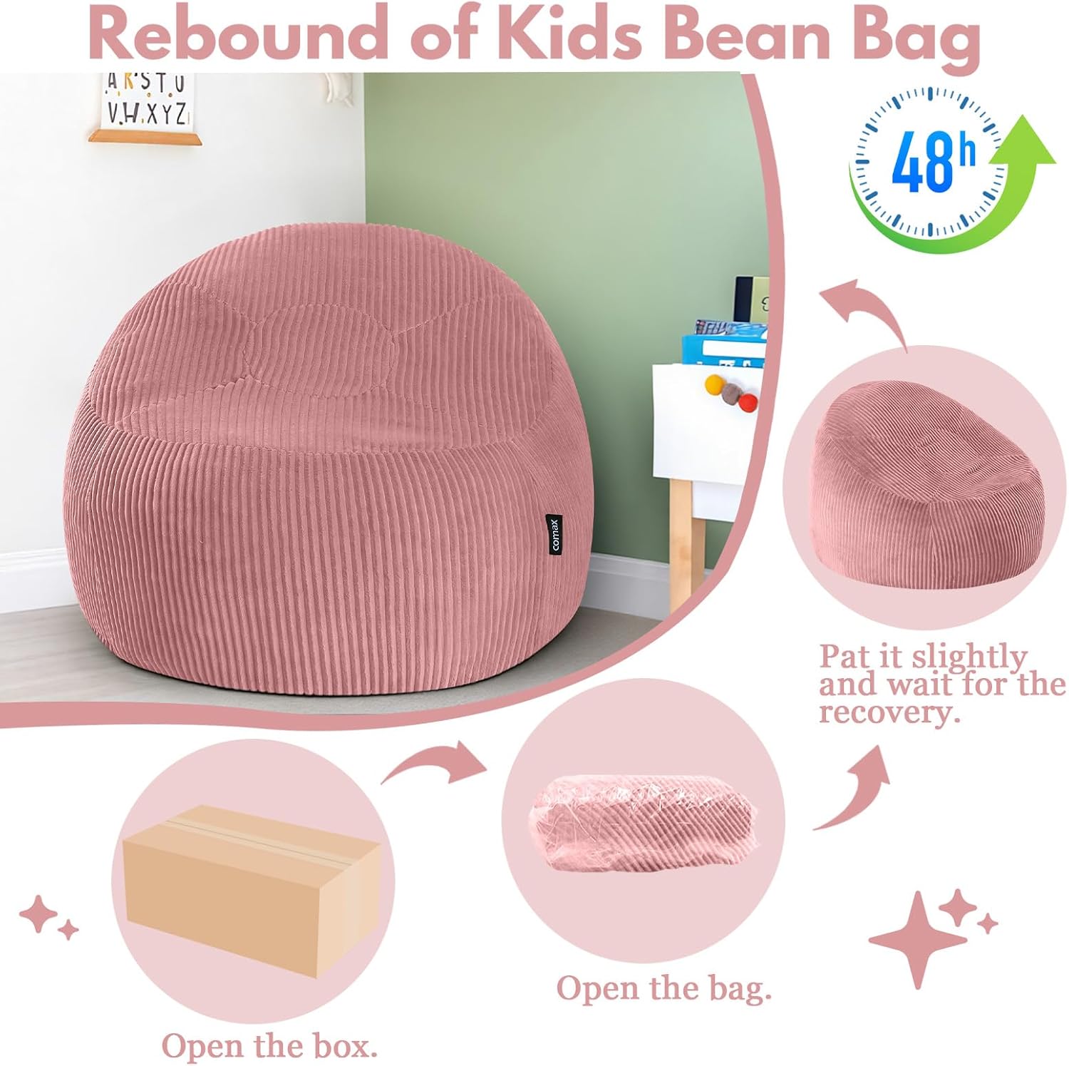 COMAX Bean Bag Chairs for Kids, Toddler BeanBag Sofa with Filler Bean Couch Stuffed for Boys and Girls, Lazy Floor Chair for Playroom, Nursery Room, Pink