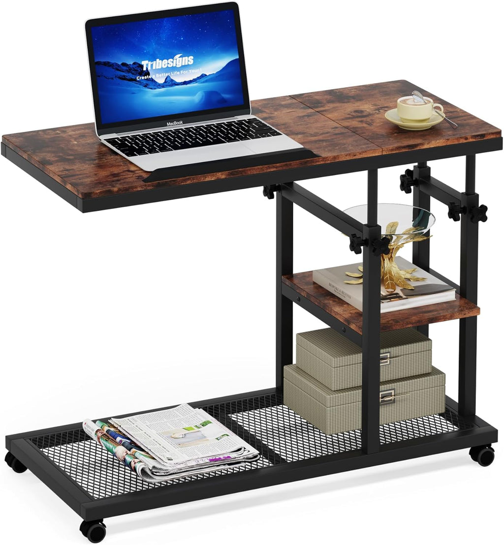 Tribesigns Adjustable Height Rolling C-Table, Mobile Side Table with Tiltable Top & Double Shelves, Vintage Brown C-Shaped End Table for Sofa, Bed, Living Room