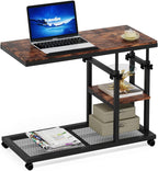 Tribesigns Adjustable Height Rolling C-Table, Mobile Side Table with Tiltable Top & Double Shelves, Vintage Brown C-Shaped End Table for Sofa, Bed, Living Room